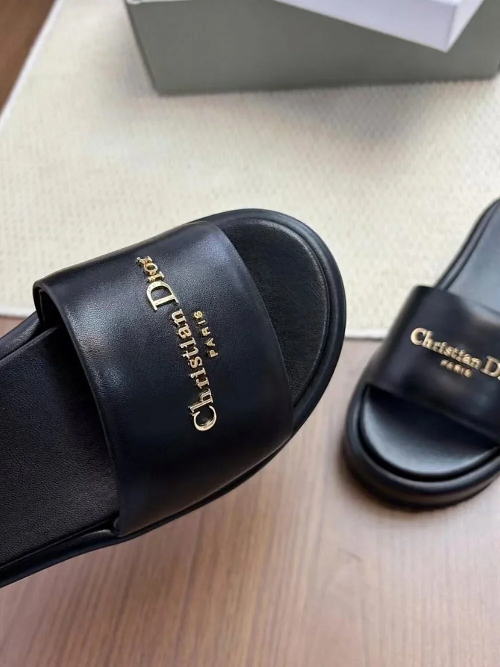 Christian Dior Black Calfskin Gold Logo Platform Slide Sandals